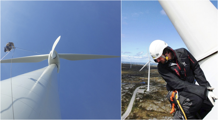 SATSER PÅ VINDKRAFT: Her ser du ansatte fra AAK Energy Services i arbeid på vindmølle-installasjon.