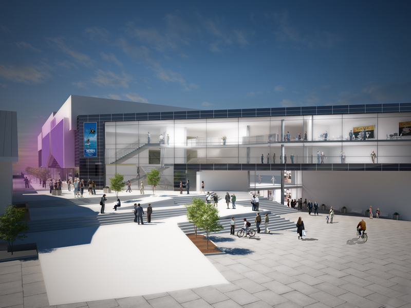 VilVite-senteret i Sotra Kystby er planlagt etablert i bygningen til høyre for inngangen fra Sotraplassen, i samme etasje som den nye kinoen. Illustrasjon: Arkitekt Rolv Eide/3DPro