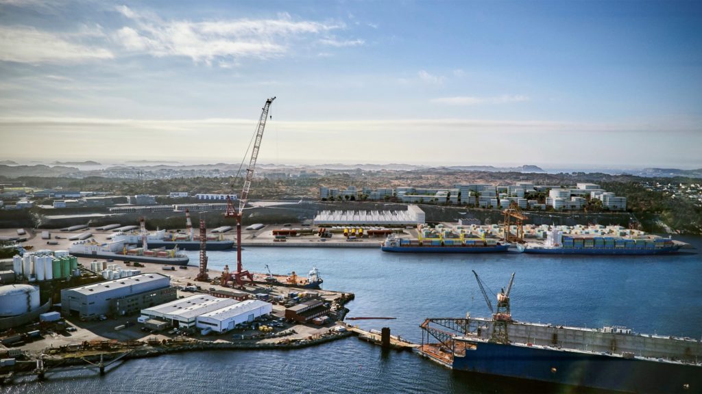 Illustrasjonen viser hvordan en fremtidig godshavn på Ågotnes kan bli. Bare på den vestre delen av basen er det allerede nok areal til å håndtere 100.000 TEU (20-fots containere) i året. I dag går det årlig ca. 30.000 TEU gjennom Dokken i Bergen. Illustrasjon: Arqsix