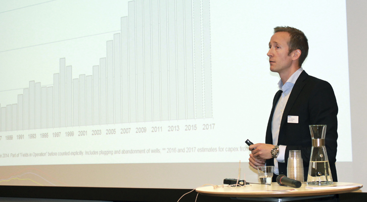 Markus Nævestad fra Rystad Energy gav medlemmene en statusoppdatering på norsk sokkels leverandørmarked.