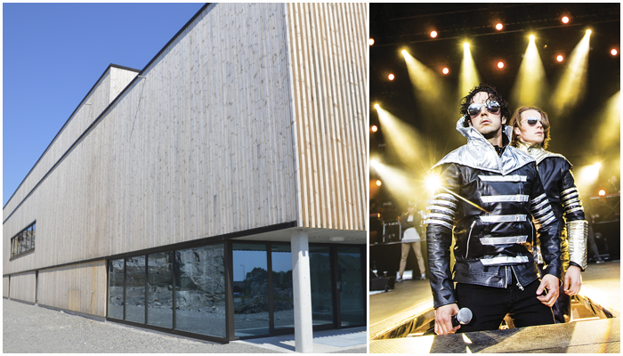 Ylvis åpner Hjeltefjorden arena. Collage: Foto av Ylvis: Jarle H. Moe
